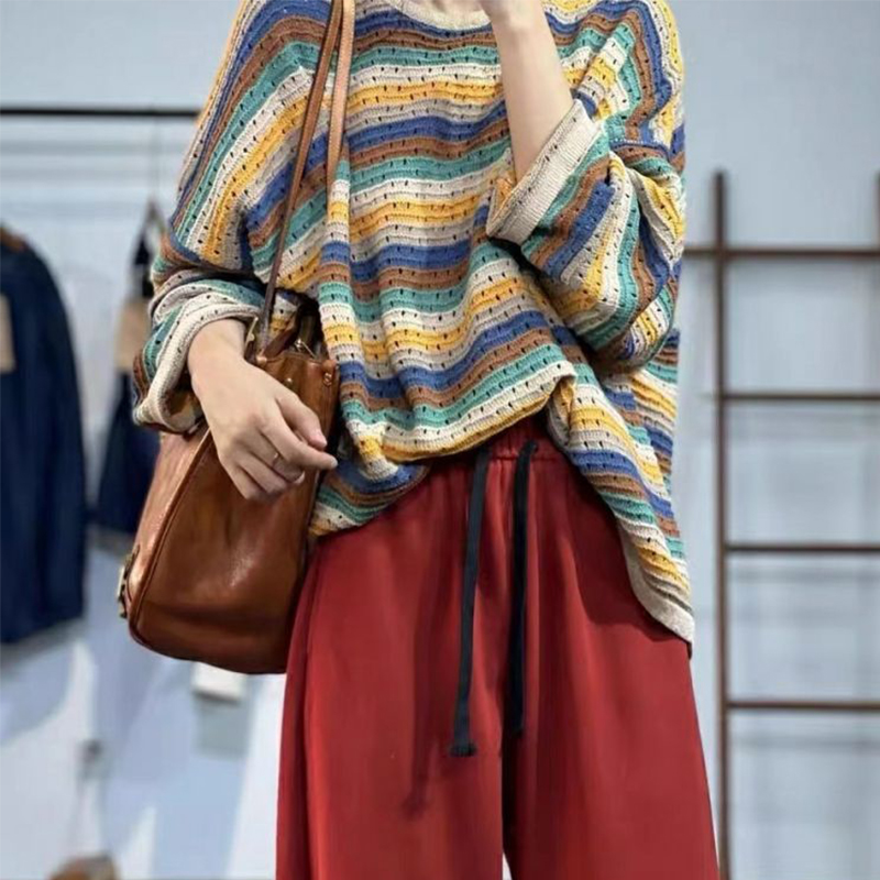 Yellow Winter Clothing - Primavera feminino listrado manga longa camisola