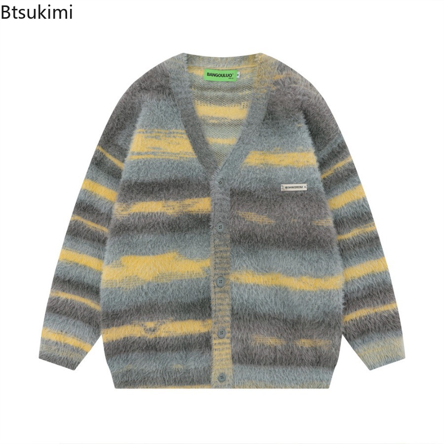 Yellow Winter Clothing - Cardigan de malha engrossado listrado amarelo