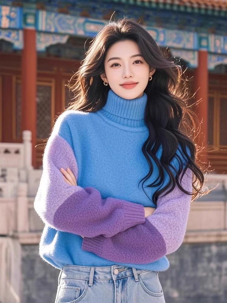 Winter Clothing Colors - Elegante cores contrastantes emendadas suéteres vintage